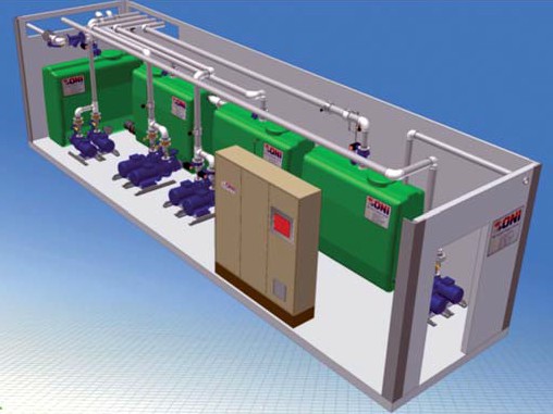 Př&iacute;klad trojrozměrn&eacute;ho zobrazen&iacute; dvouokruhov&eacute;ho chladic&iacute;ho syst&eacute;mu ve f&aacute;zi n&aacute;vrhu, konstruovan&eacute;ho jako modul&aacute;rn&iacute; energetick&aacute; centr&aacute;la