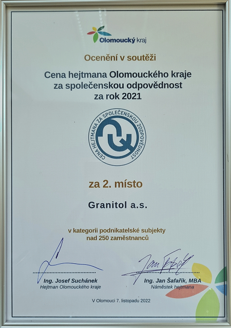 Granitol - cena Olomouckého kraje za spoločenskou odpovědnost